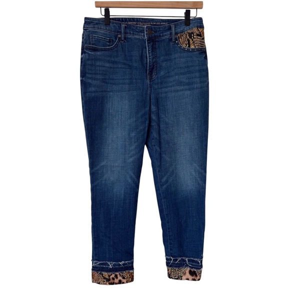 Chico's Denim - Chico's So Slimming Embellished Blue Cropped Jeans with Animal Print Hem size 14